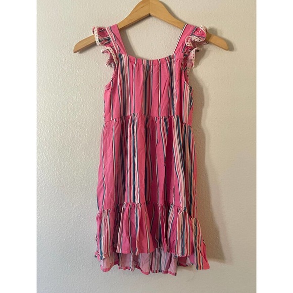 Zunie Girls Dress Medium 10/12 Pink Blue White Stripe Ruffle Sleeve Square Neck - Picture 2 of 8